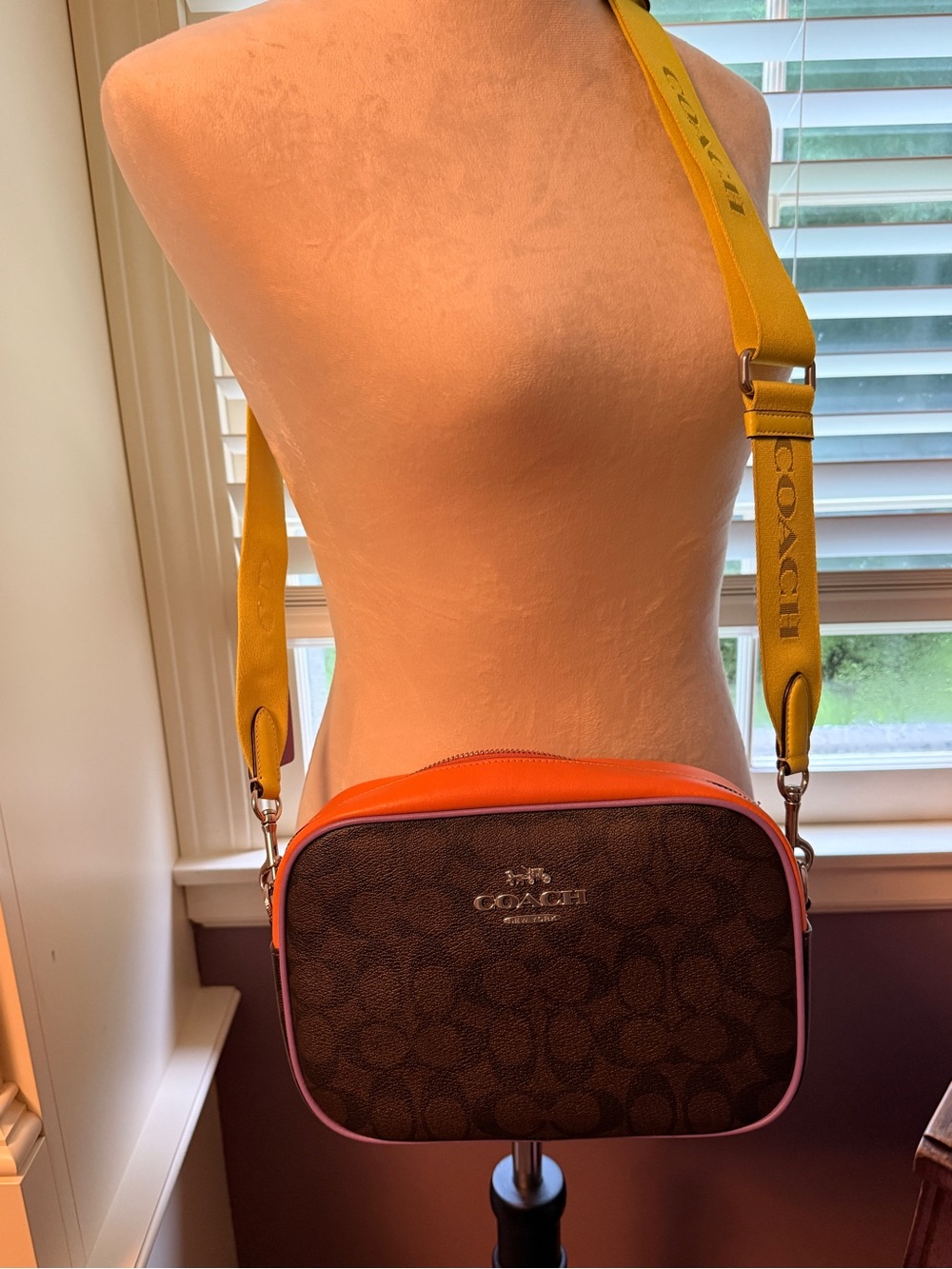 Coach Brown Signature Floral Crossbody with Yellow Strap and Orange Trim - Picture 2 of 6